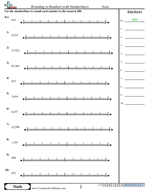 3.nbt.1 Worksheets - Rounding to Hundreds with Numberline worksheet